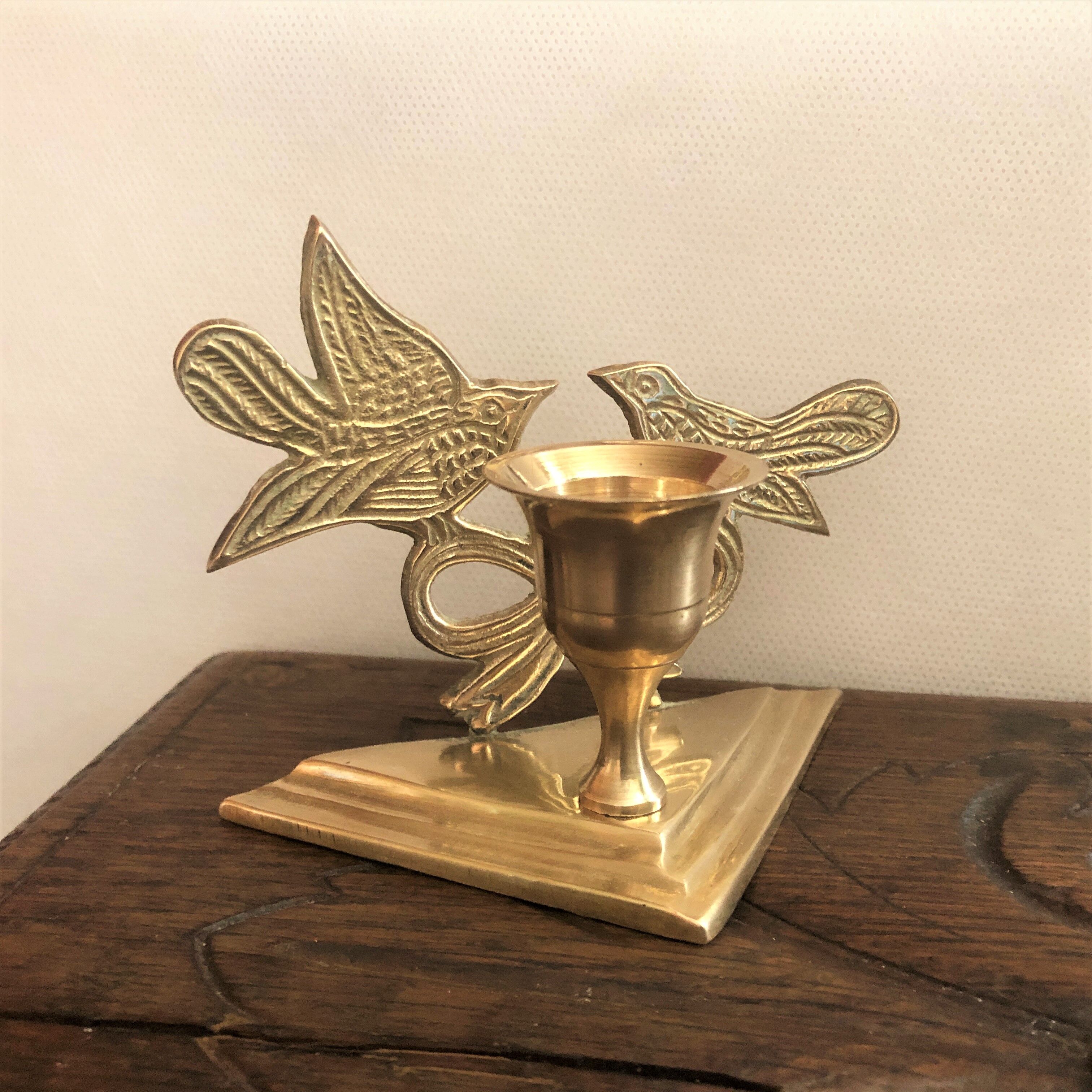 Bougeoir laiton doré décor oiseaux