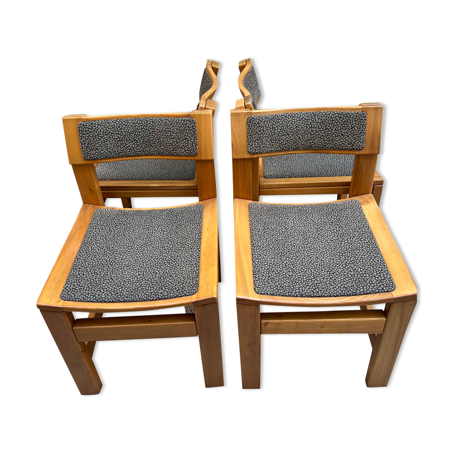 Set of 4 brutalist vintage chairs in solid wood and fabric