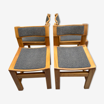 Set of 4 brutalist vintage chairs in solid wood and fabric