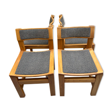 Lot de 4 chaises  vintage brutaliste en bois massif et tissu