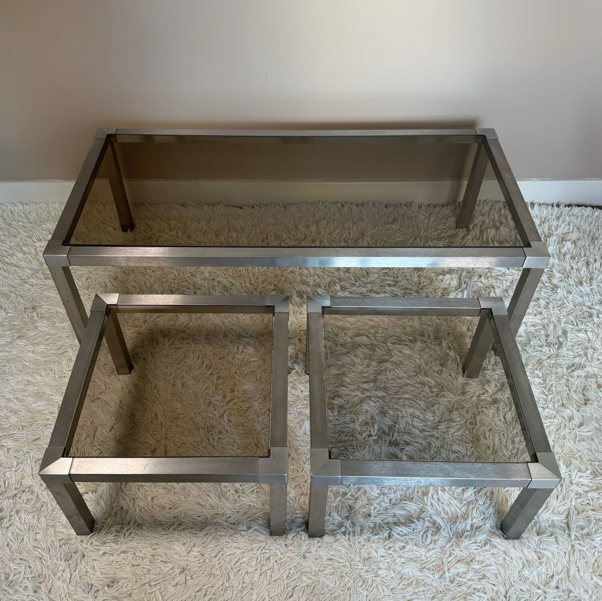 Table basse acier brossé design années 70 et gigognes