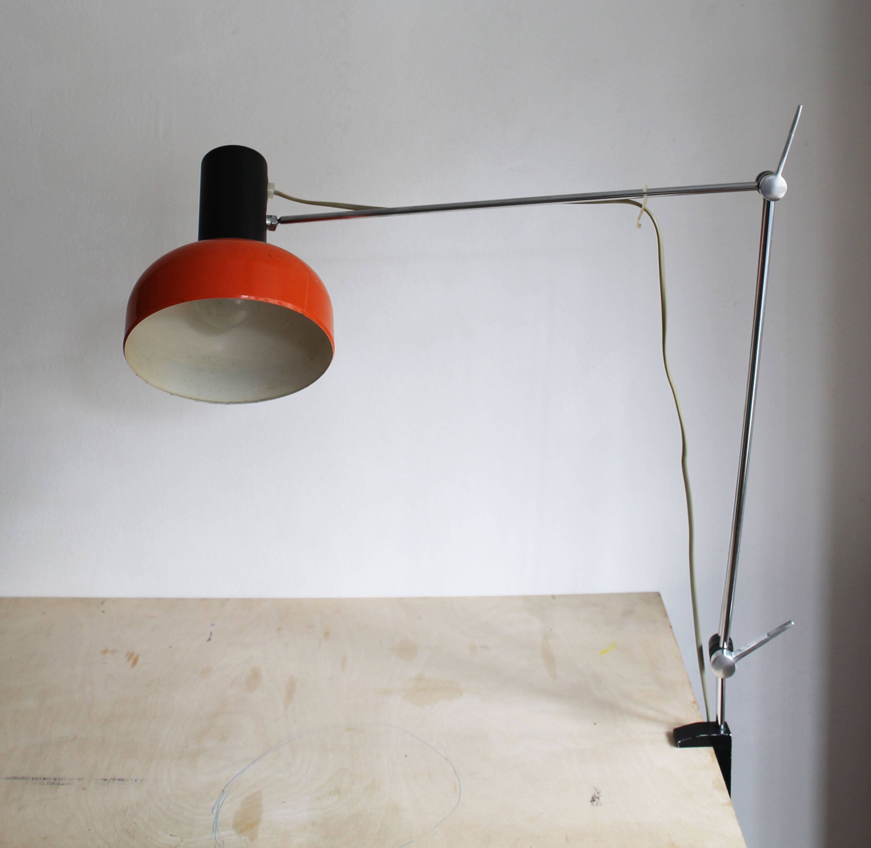 1970s Czechoslovak Orange Clamp Lamp by NAPAKO