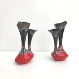 Pair of vintage ceramic vases with double red and black collar