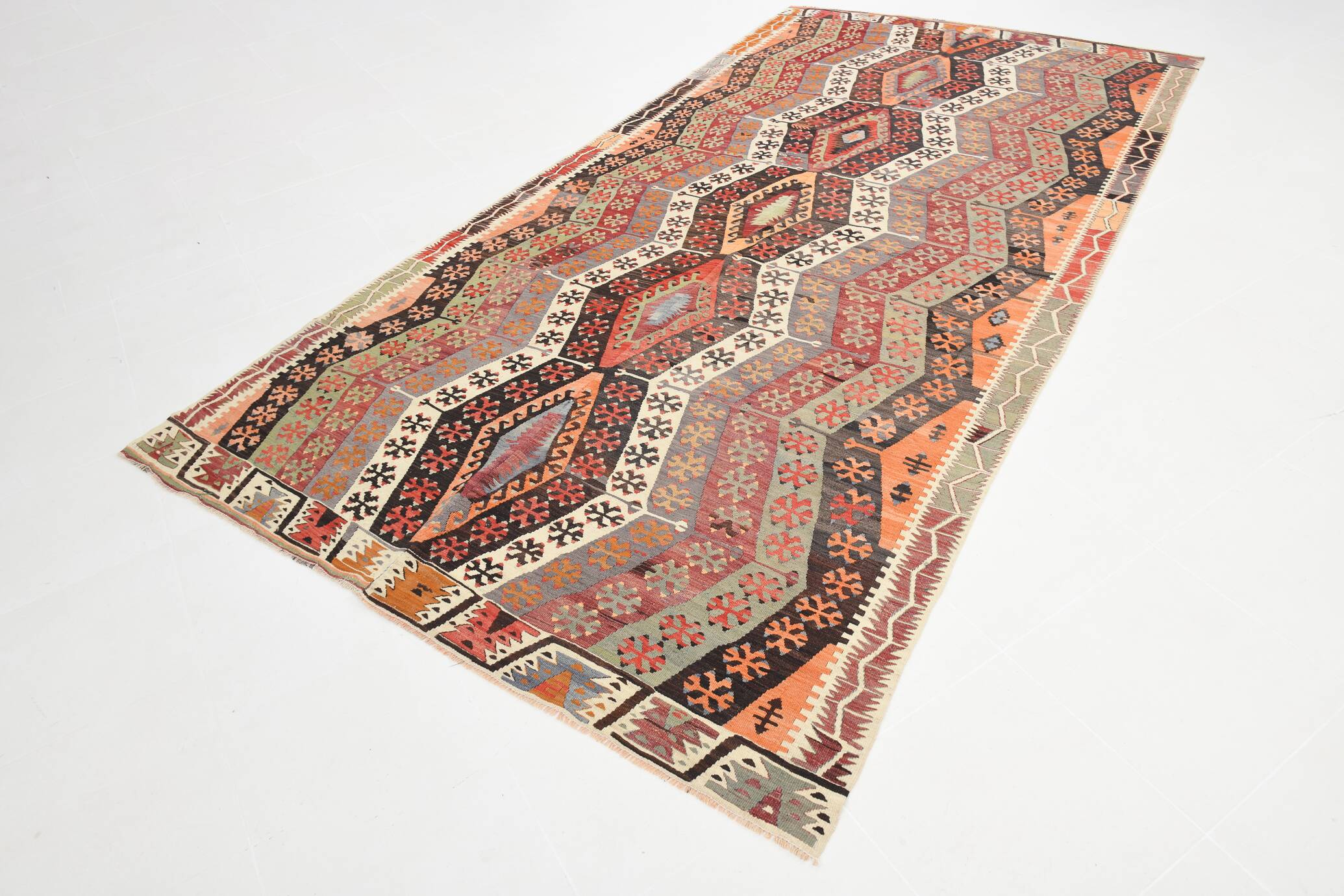 Pastel Tones Geometric Pattern Turkish Woven Wool Kilim Rug, 185x350 Cm
