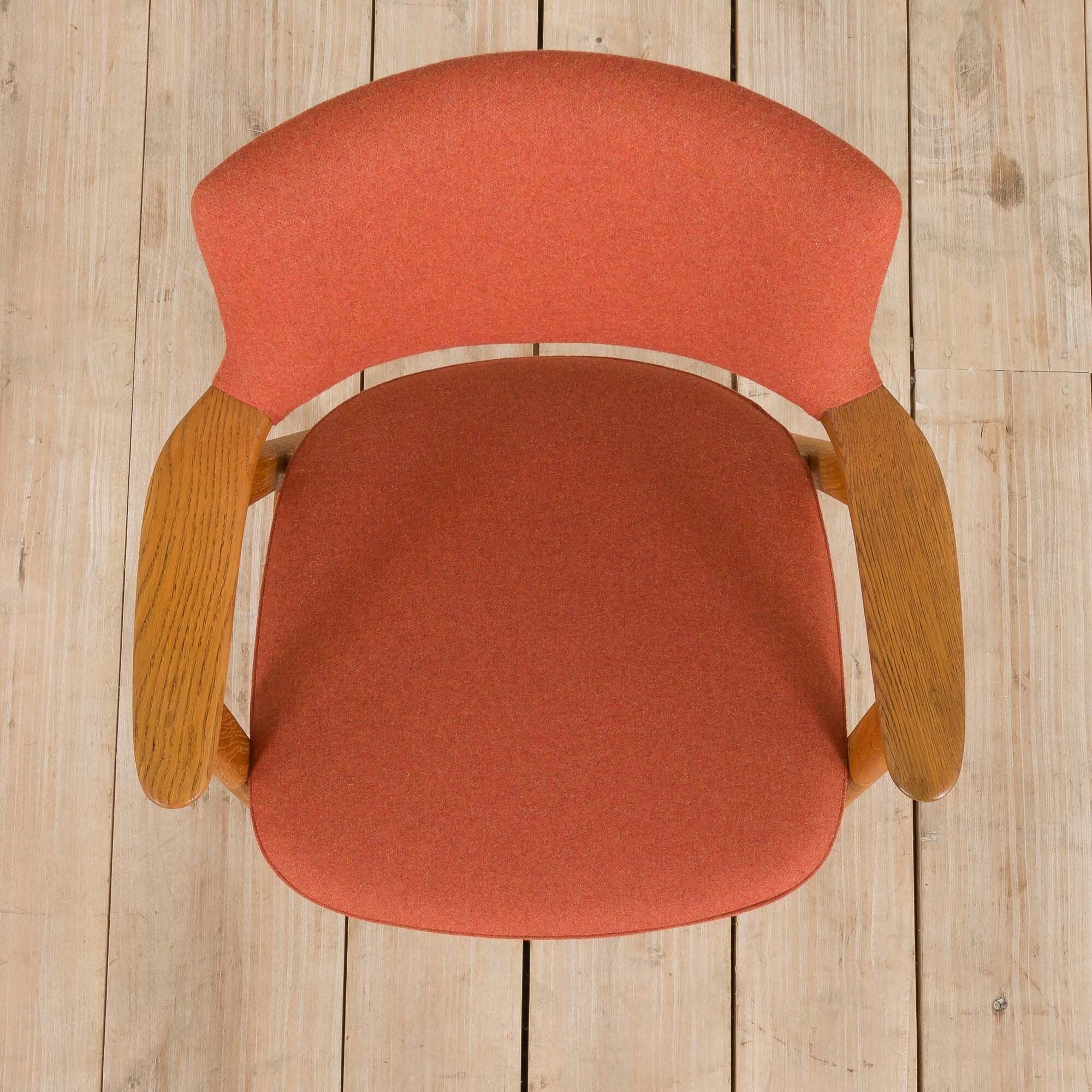 Oak Desk Chair in Pale Red Wool Upholstery by Erik Kirkegaard