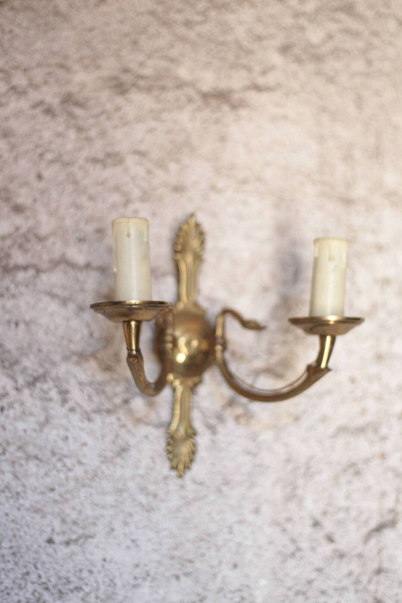 Pair of Empire style bronze wall lights, bronze wall light with palmette and swan neck.