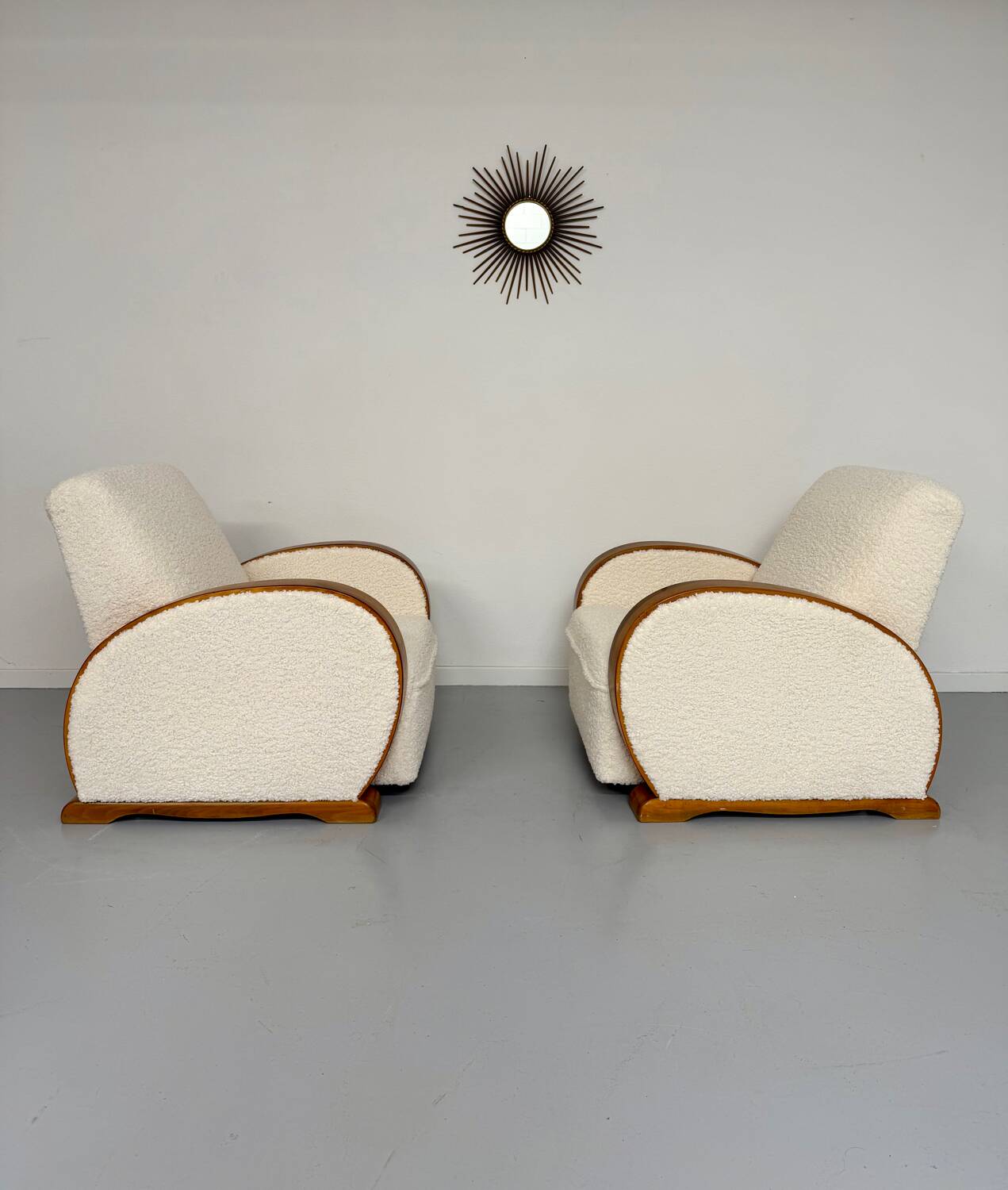 2 antique Art Deco club chairs from the 1930s, bentwood frame, bouclé fabric