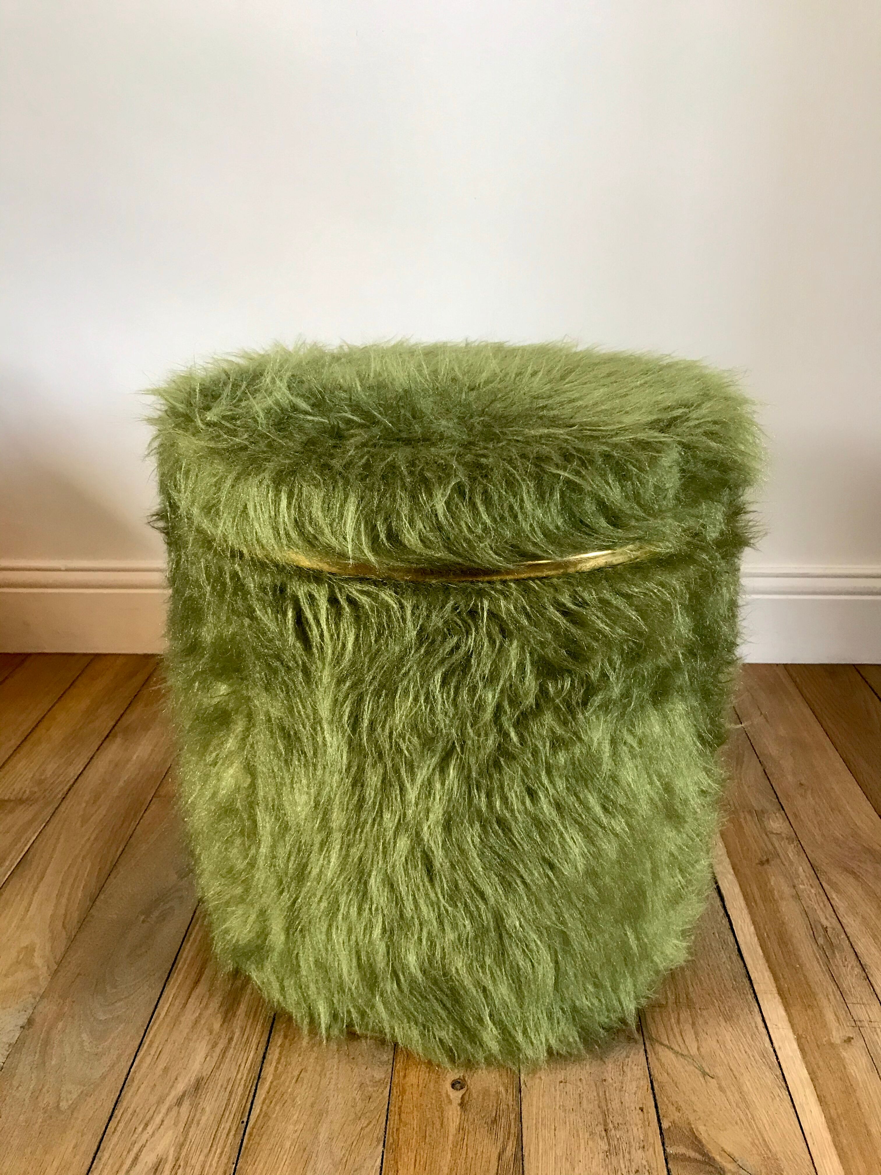 Pouf chest moumoute green and gold vintage years 60-70