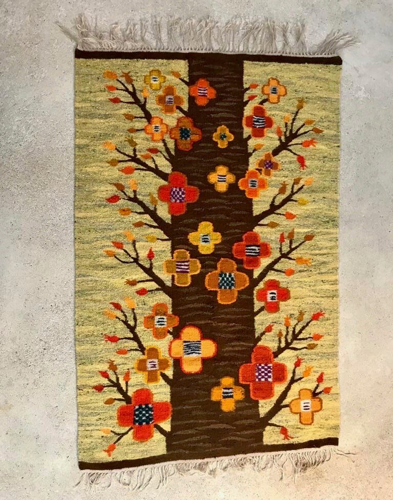 Polish kilim or wall rug with tree and blossoms motif from Cepelia, 1960s