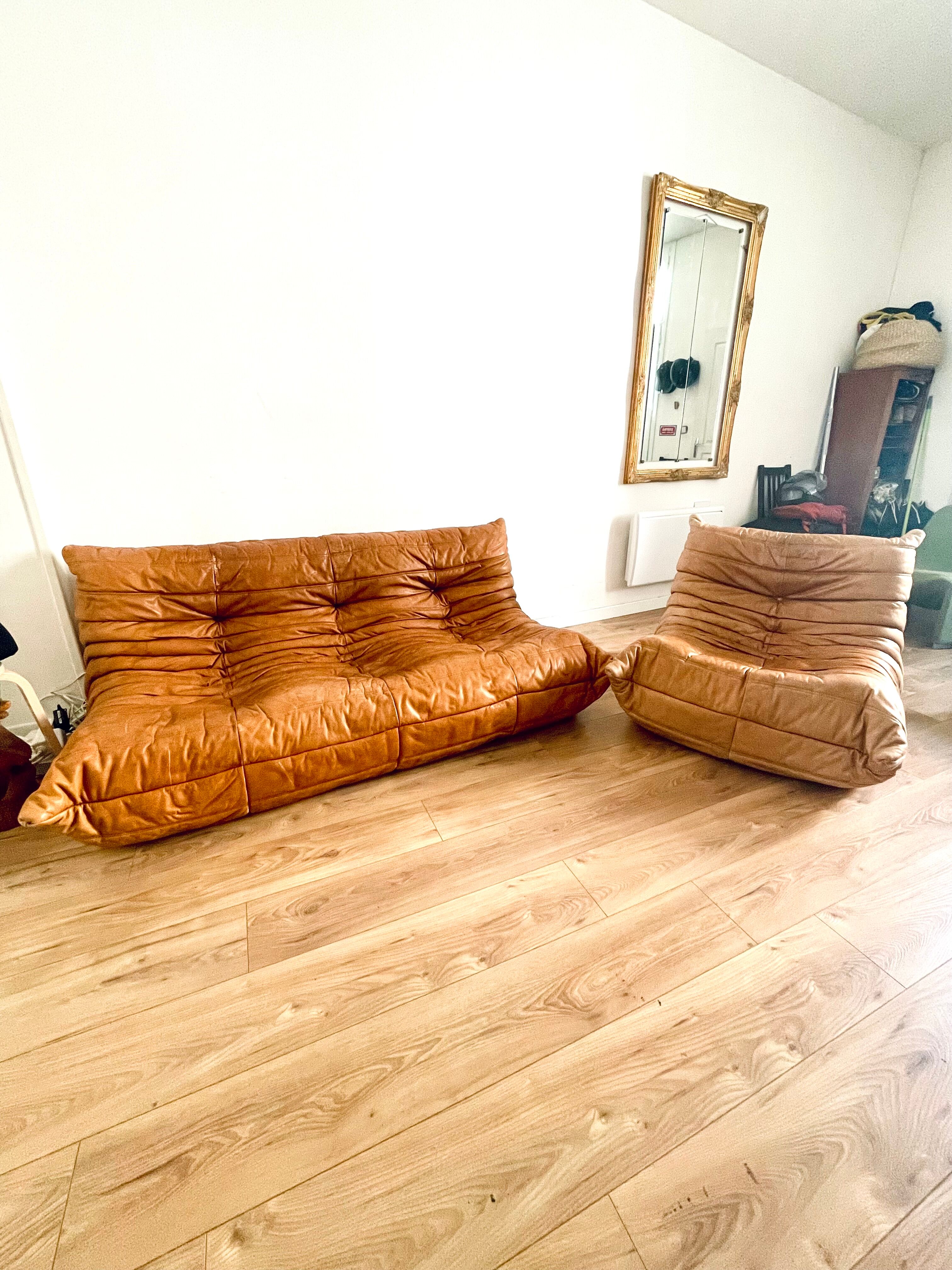 Togo 3-seater sofa and leather chair By Michel Ducaroy for Ligne Roset