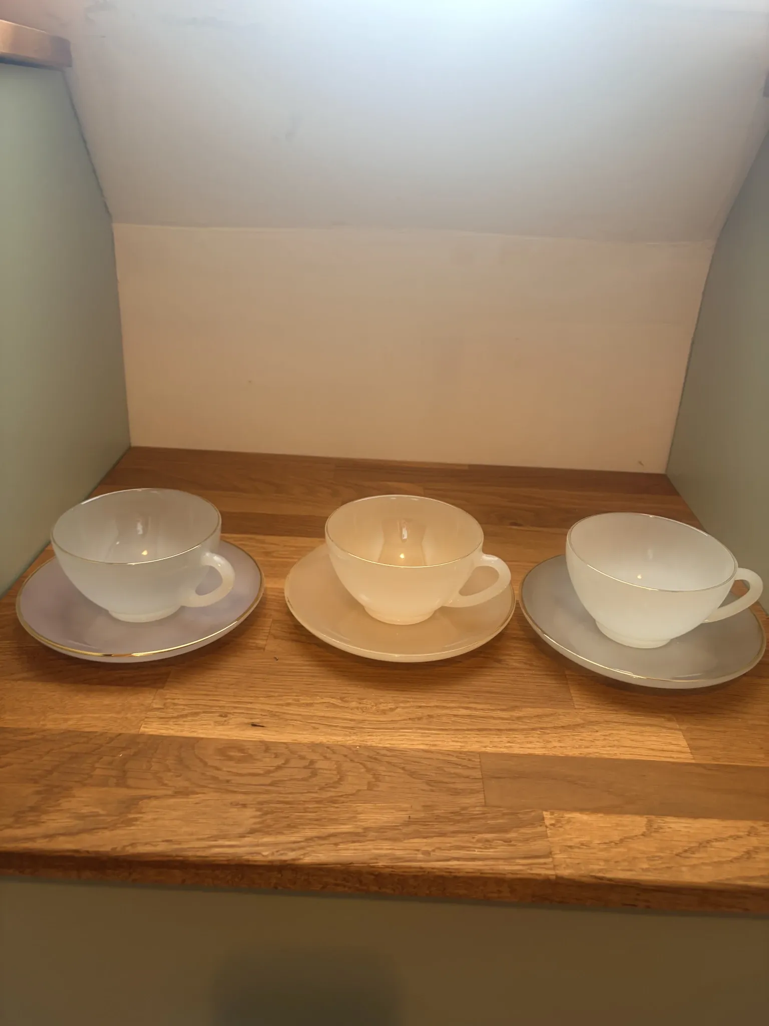3 vintage Harlequin 211291 tea or chocolate cups and saucers.