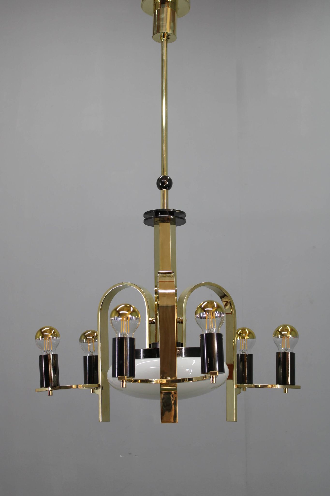 1930s Czech Art Deco brass chandelier with milk glass center and exposed bulbs