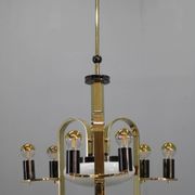 1930s Czech Art Deco brass chandelier with milk glass center and exposed bulbs