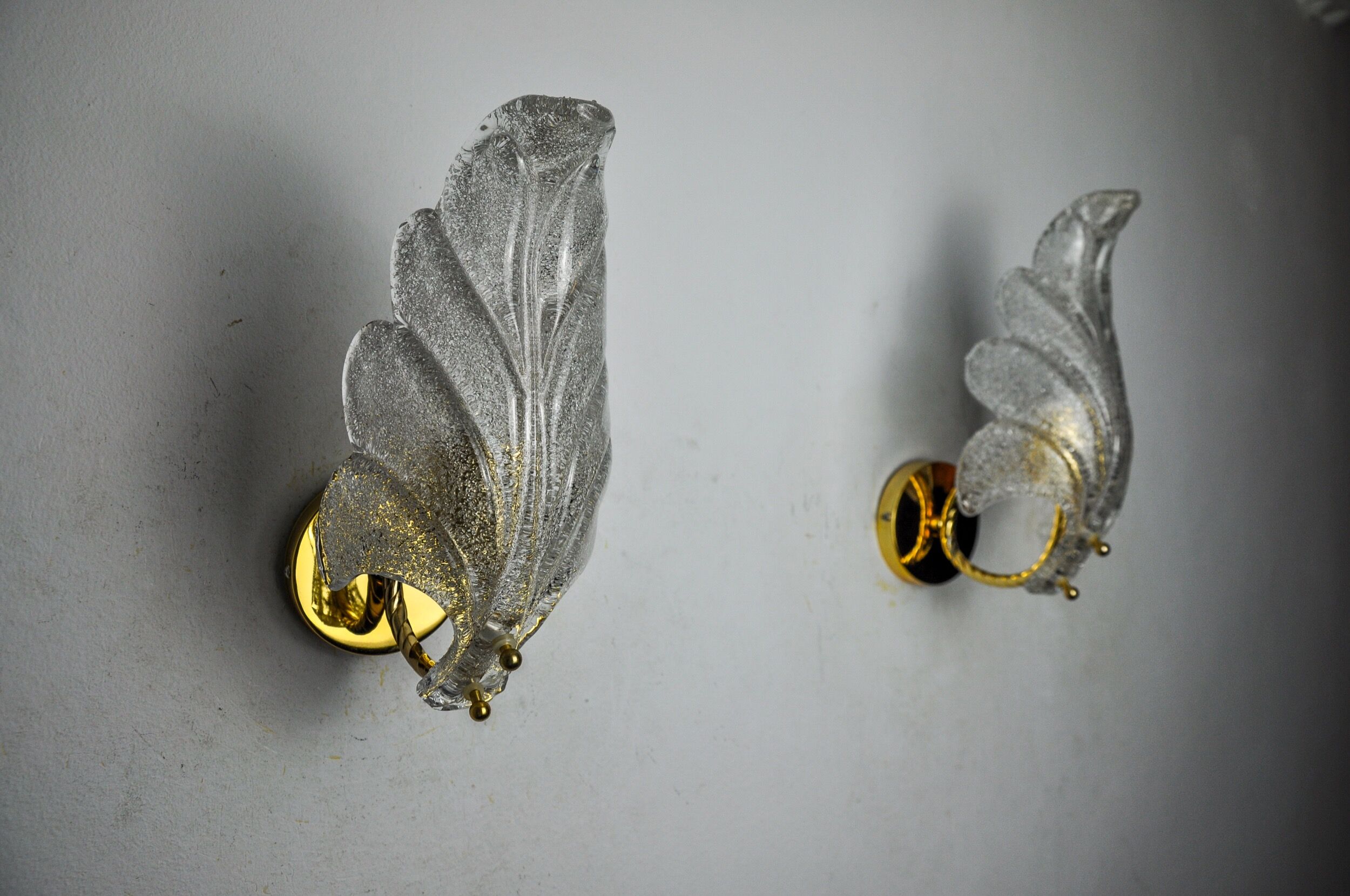 Pair of frosted leaf sconces, murano glass, italy, 1970