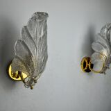 Pair of frosted leaf sconces, murano glass, italy, 1970