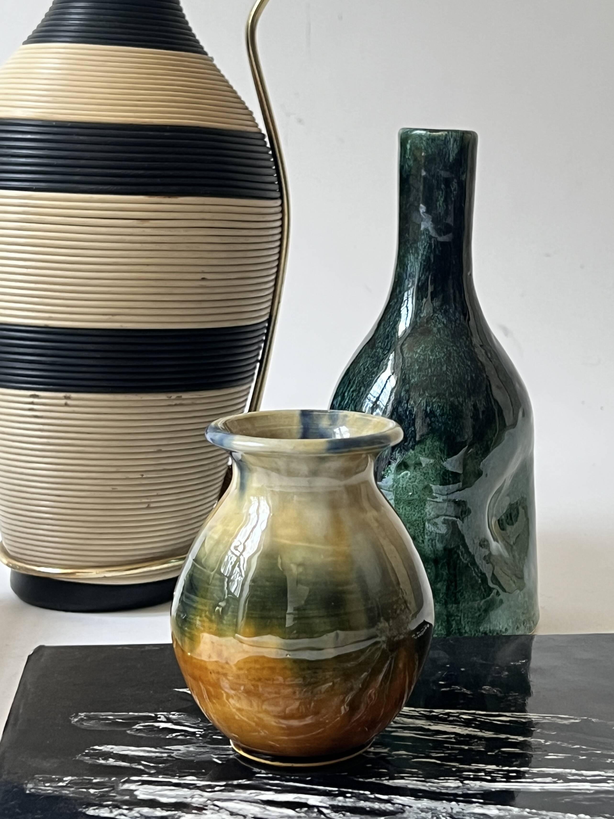 Glazed ceramic vase in honey/ochre/green, France circa 1950.