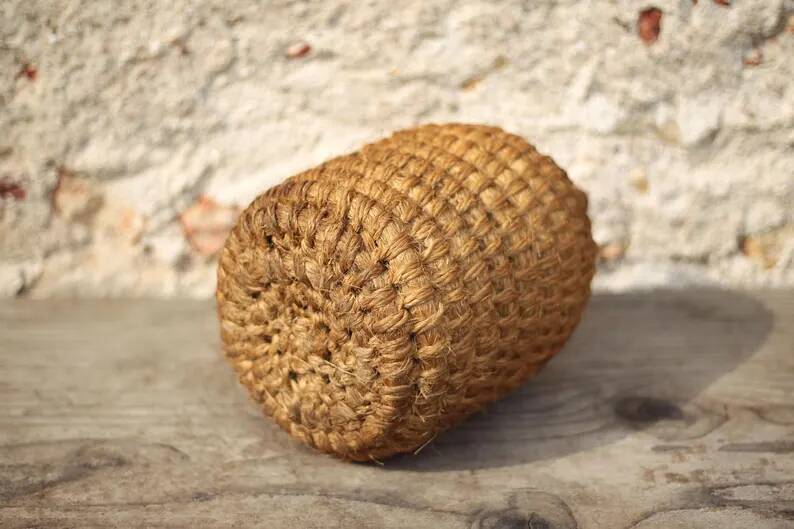 Lady Jeanne bottle, green glass bottle dressed in straw and wicker weaving, jar, vintage decor.