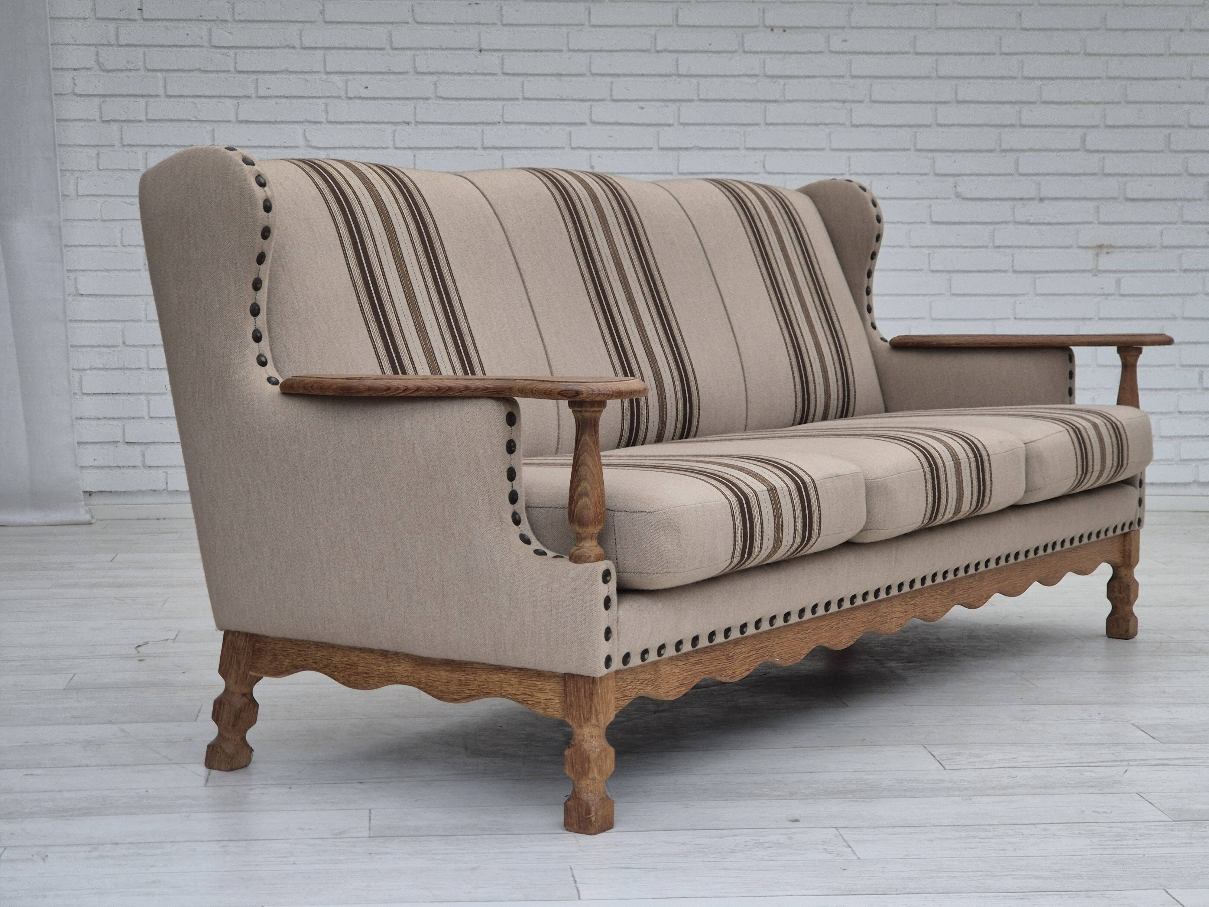 1970s, Danish 3-seater sofa, furniture wool fabric, oak wood, original.