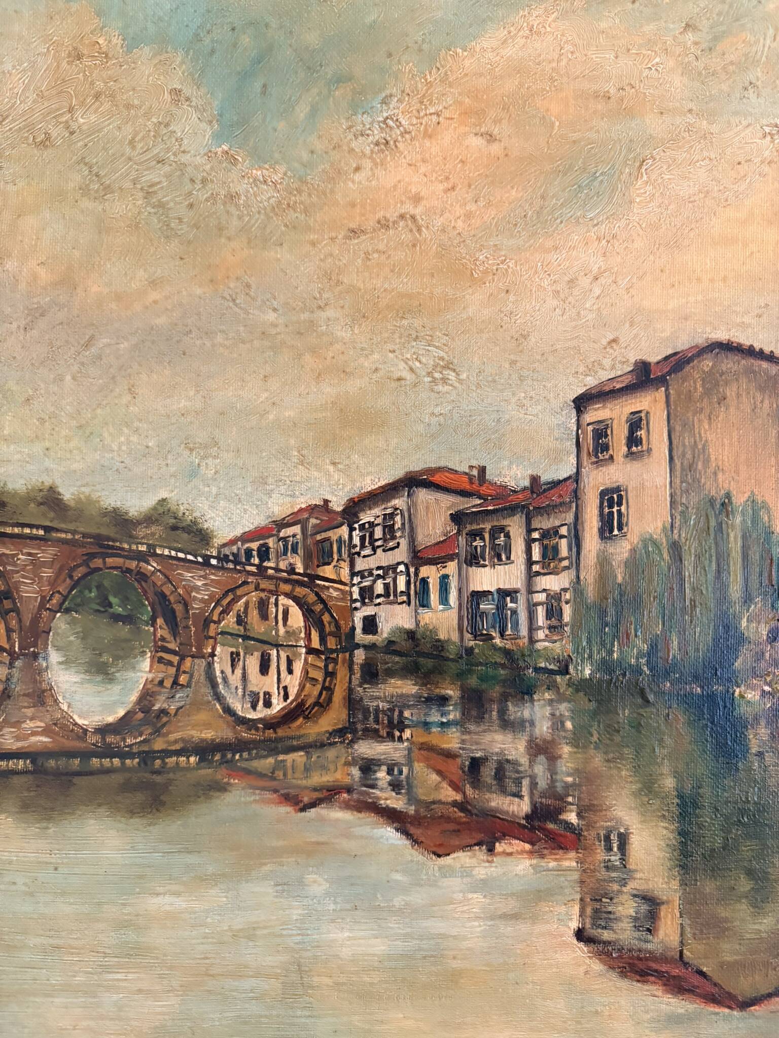 Old Oil Painting Canvas Linen River Church Village Bridge Signed D