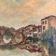 Old Oil Painting Canvas Linen River Church Village Bridge Signed D
