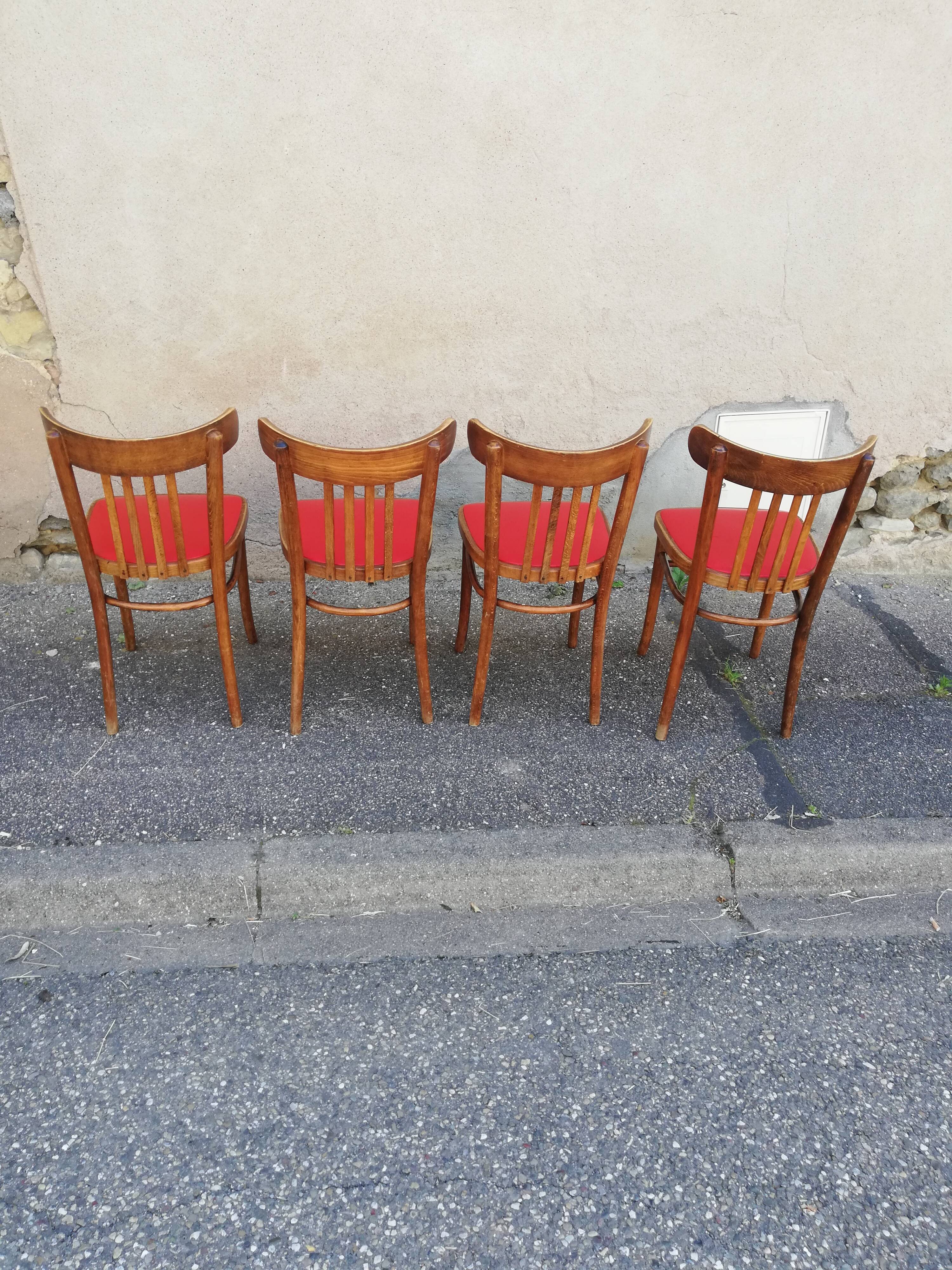 Set of 4 chairs bistro wood and red skai