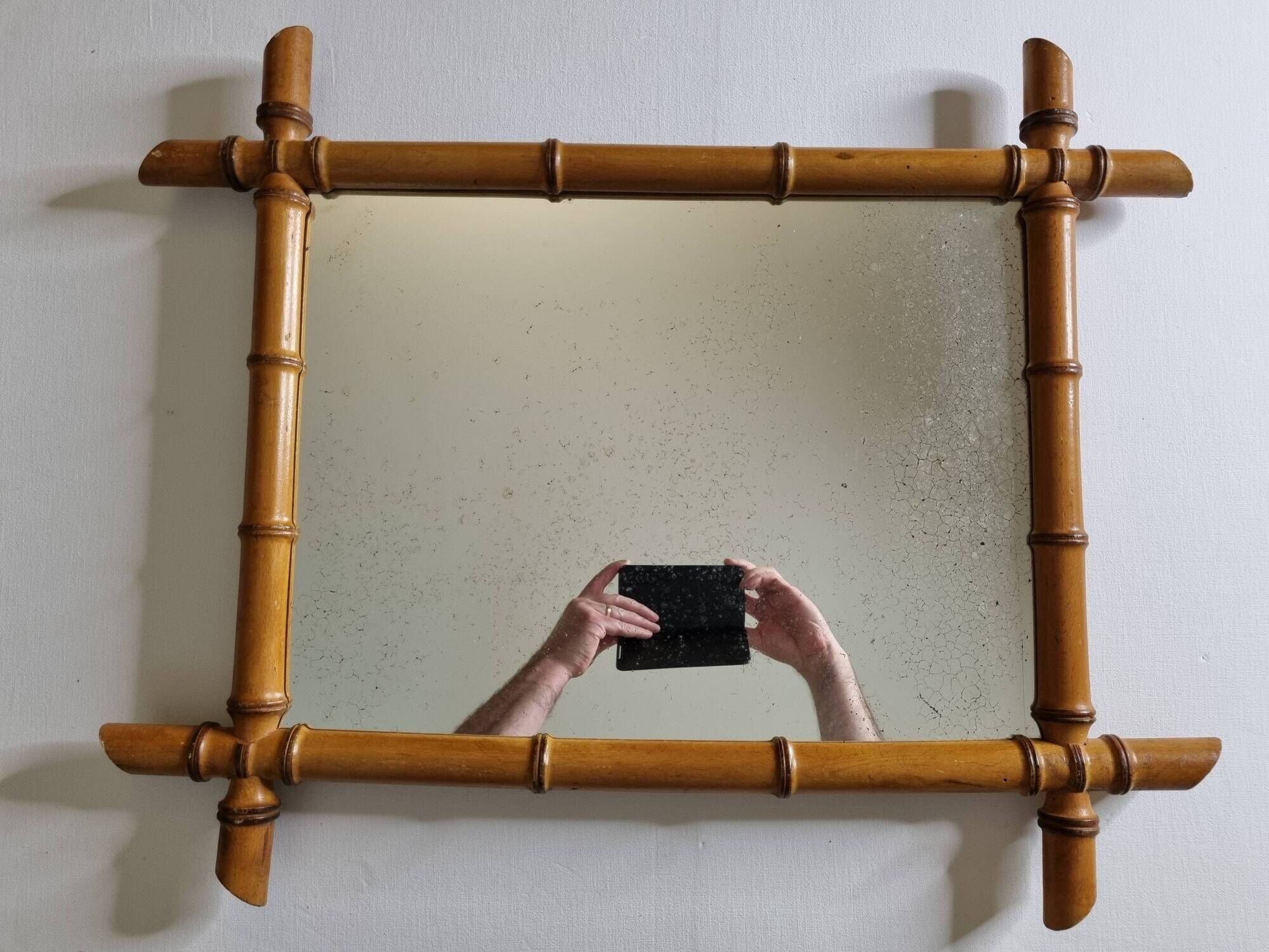 Turned wooden mirror in imitation of bamboo, mid-century, 54 cm x 67 cm
