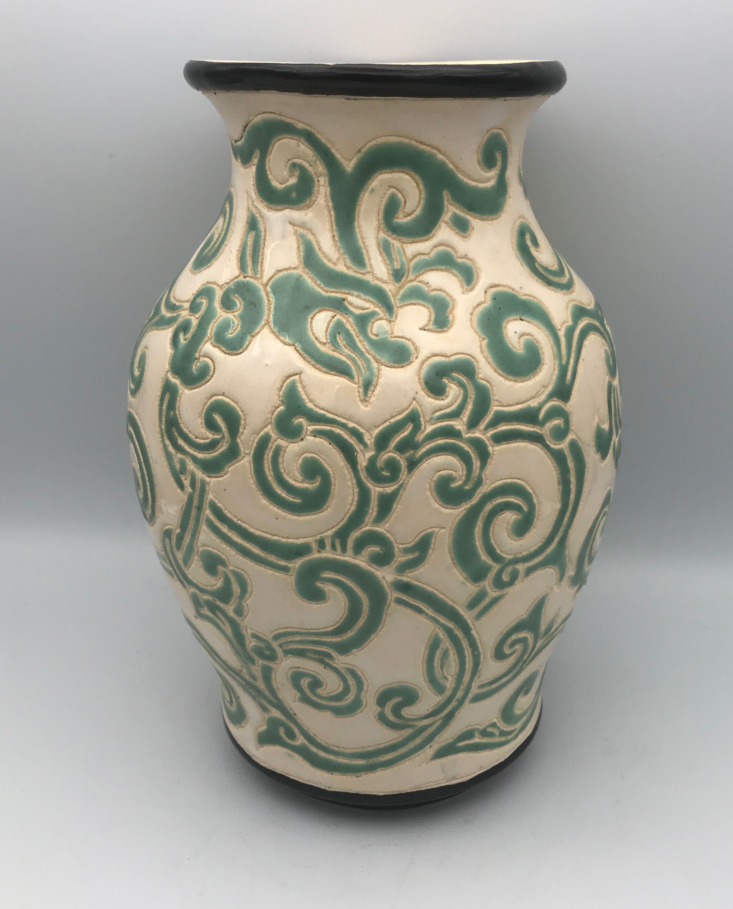 Vintage vase in glazed ceramic with carved decoration of arabesque 22.5 cm