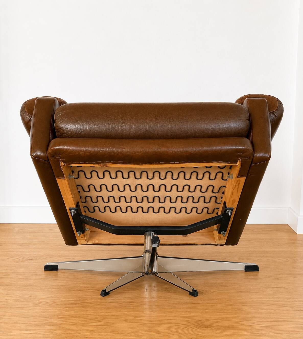 Vintage Danish mid-century brown leather swivel chair 1970s
