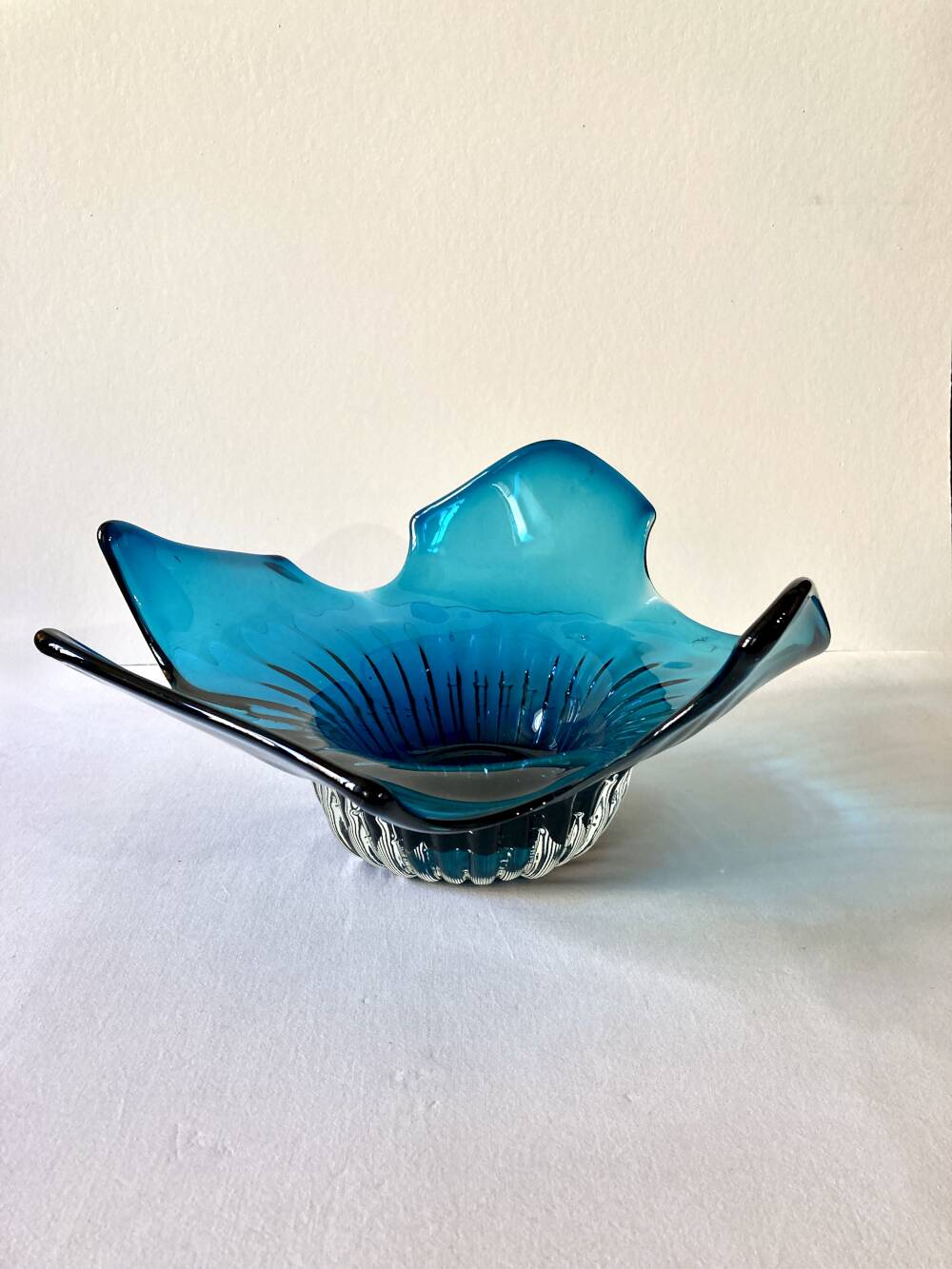Large blue blown glass fruit bowl