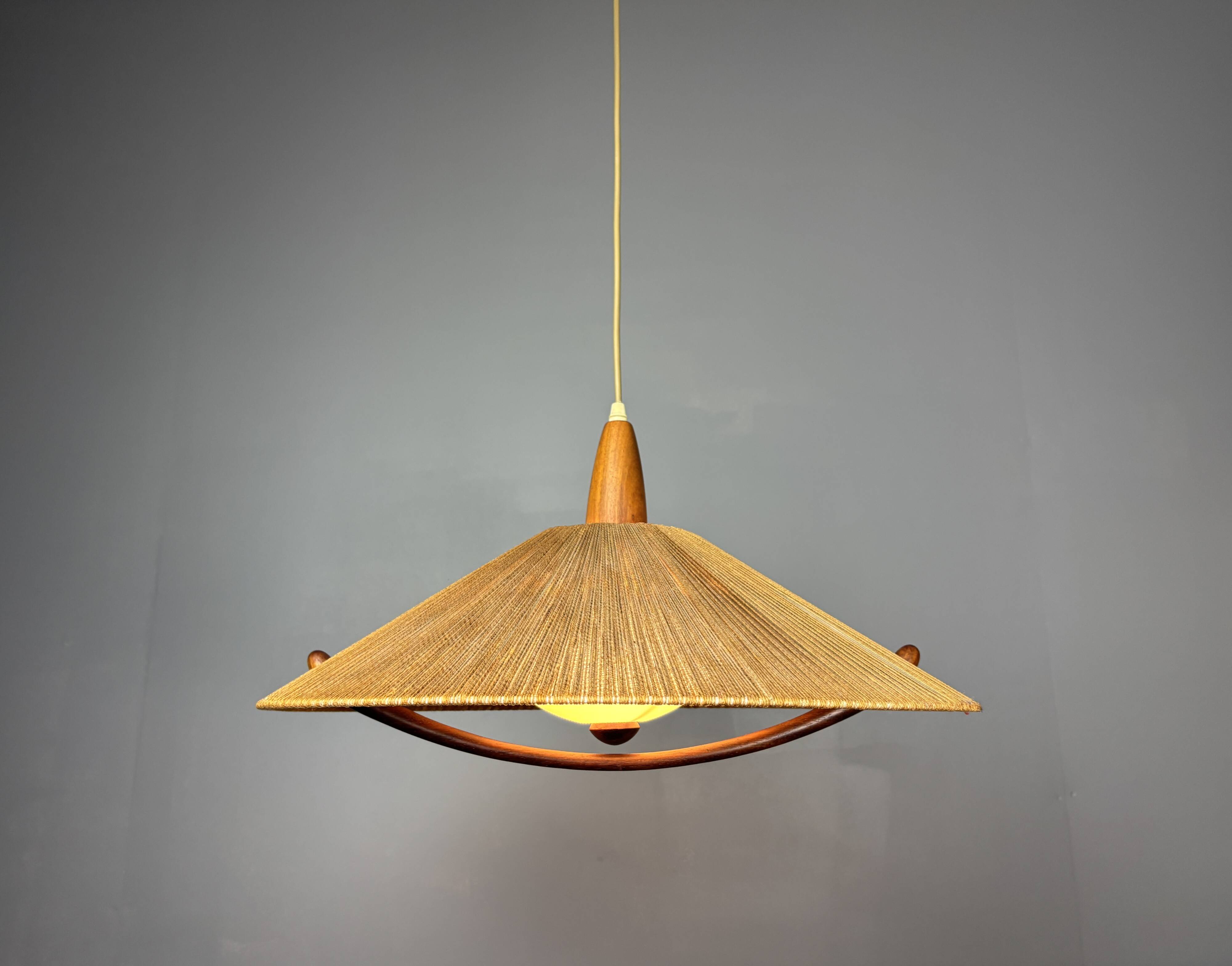 Large Mid-Century Teak and Sisal Cord Pendant from Temde Leuchten, 1960s