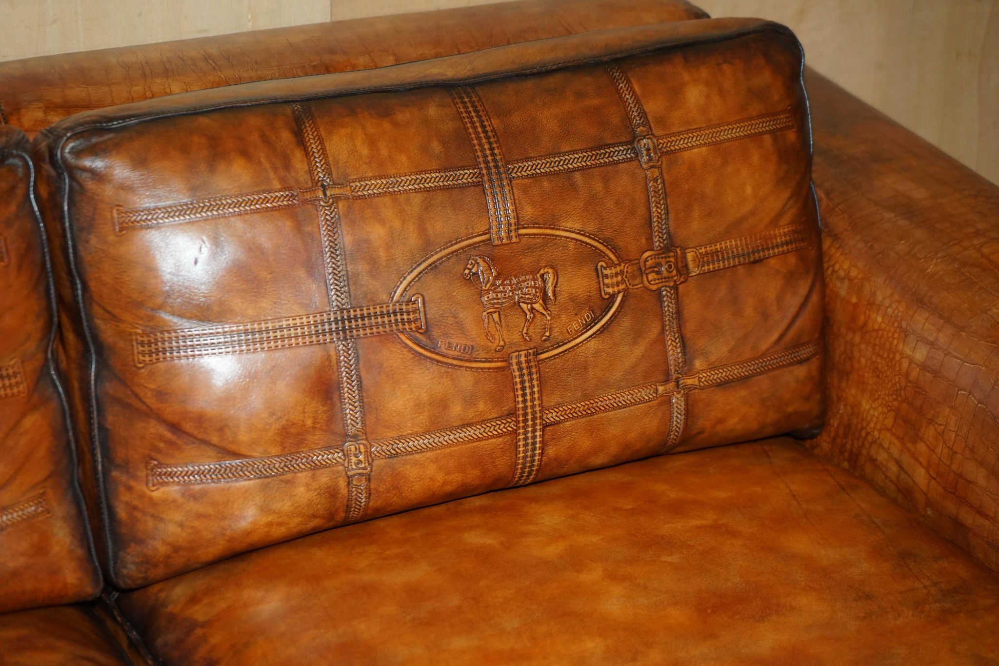 Fendi canapé in embossed crocodile leather, hand-patinated and dyed.