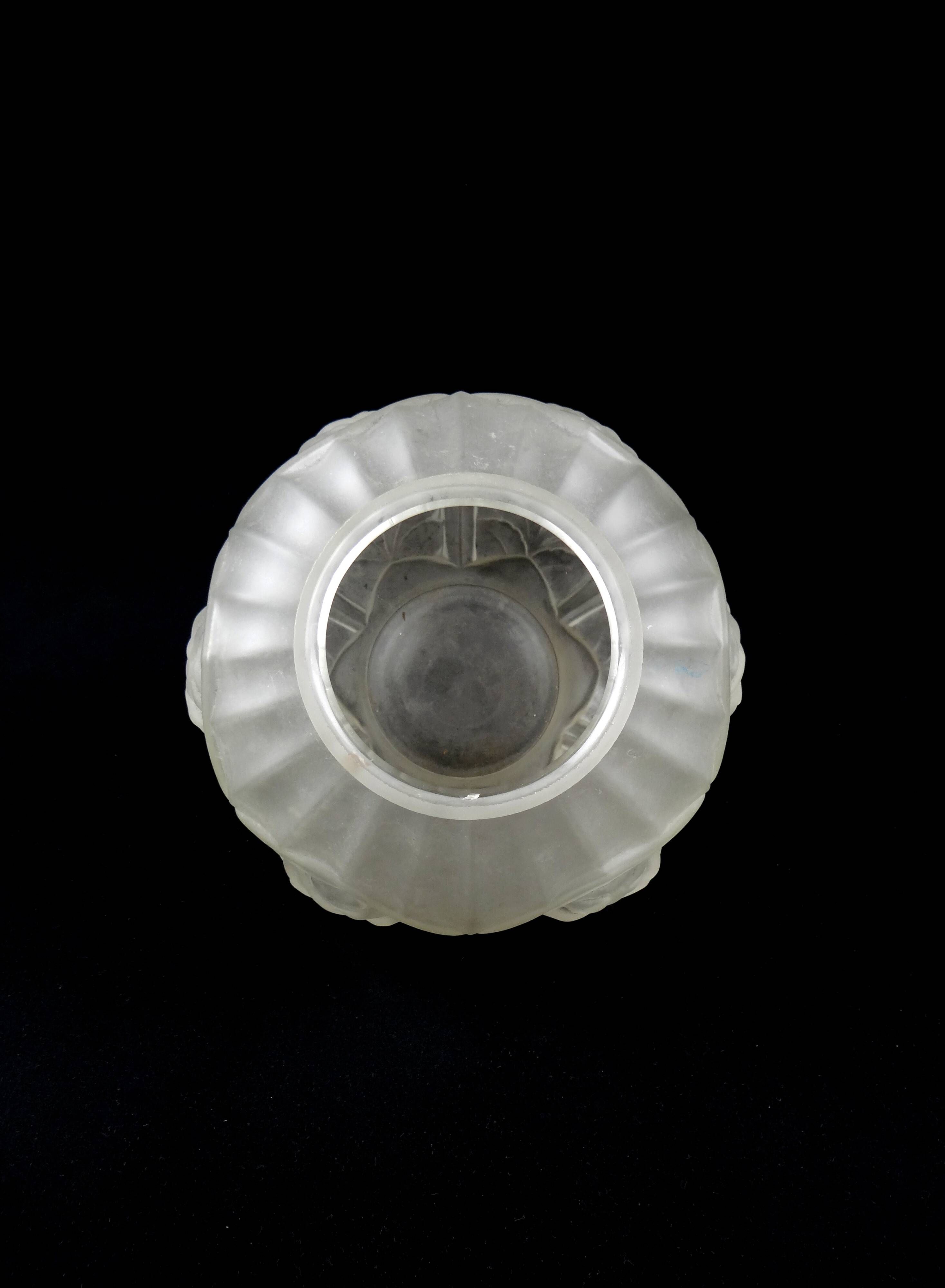 Art Deco ball vase with arches and roses in frosted molded glass