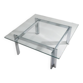 Square coffee table in glass and steel, 1970s