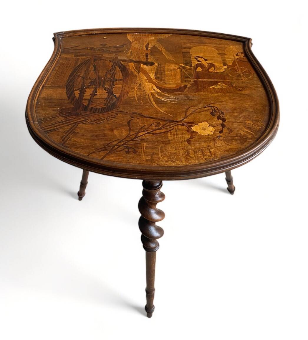 Emile Gallé marquetry table, "L'heureux temps", circa 1902