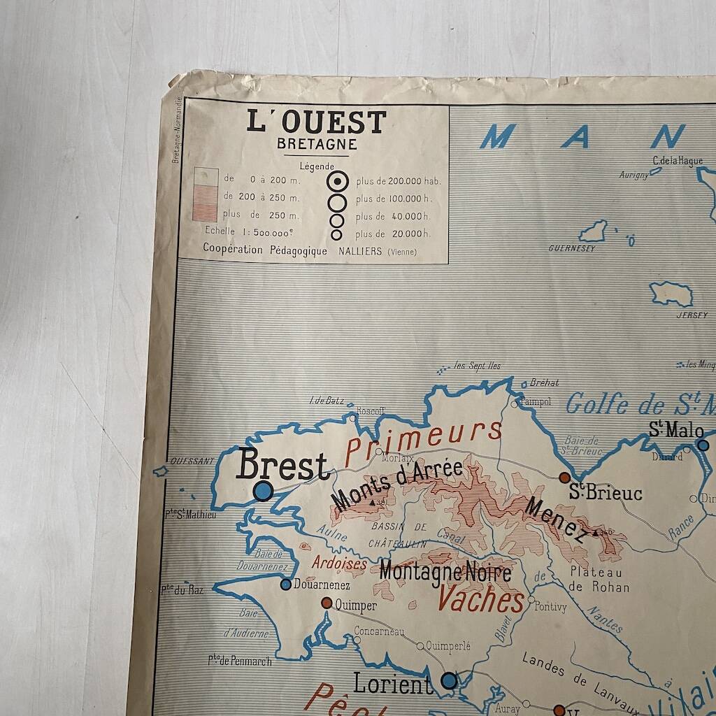 Vintage school map 1950 double-sided "Brittany and Normandy"