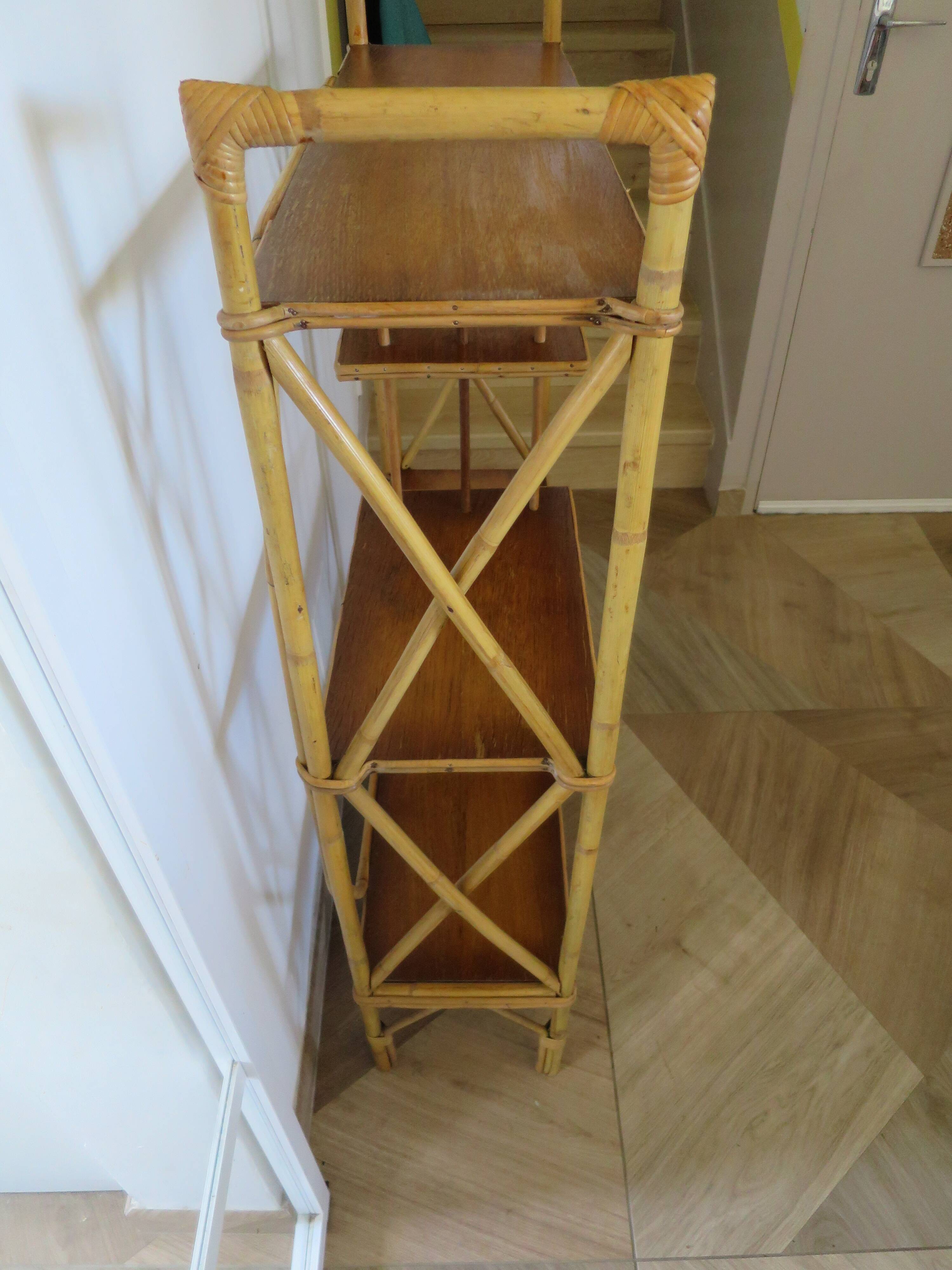 vintage -étagère-bibliotheque-bibus-asymétrique-bambou-bois-rotin-années 60