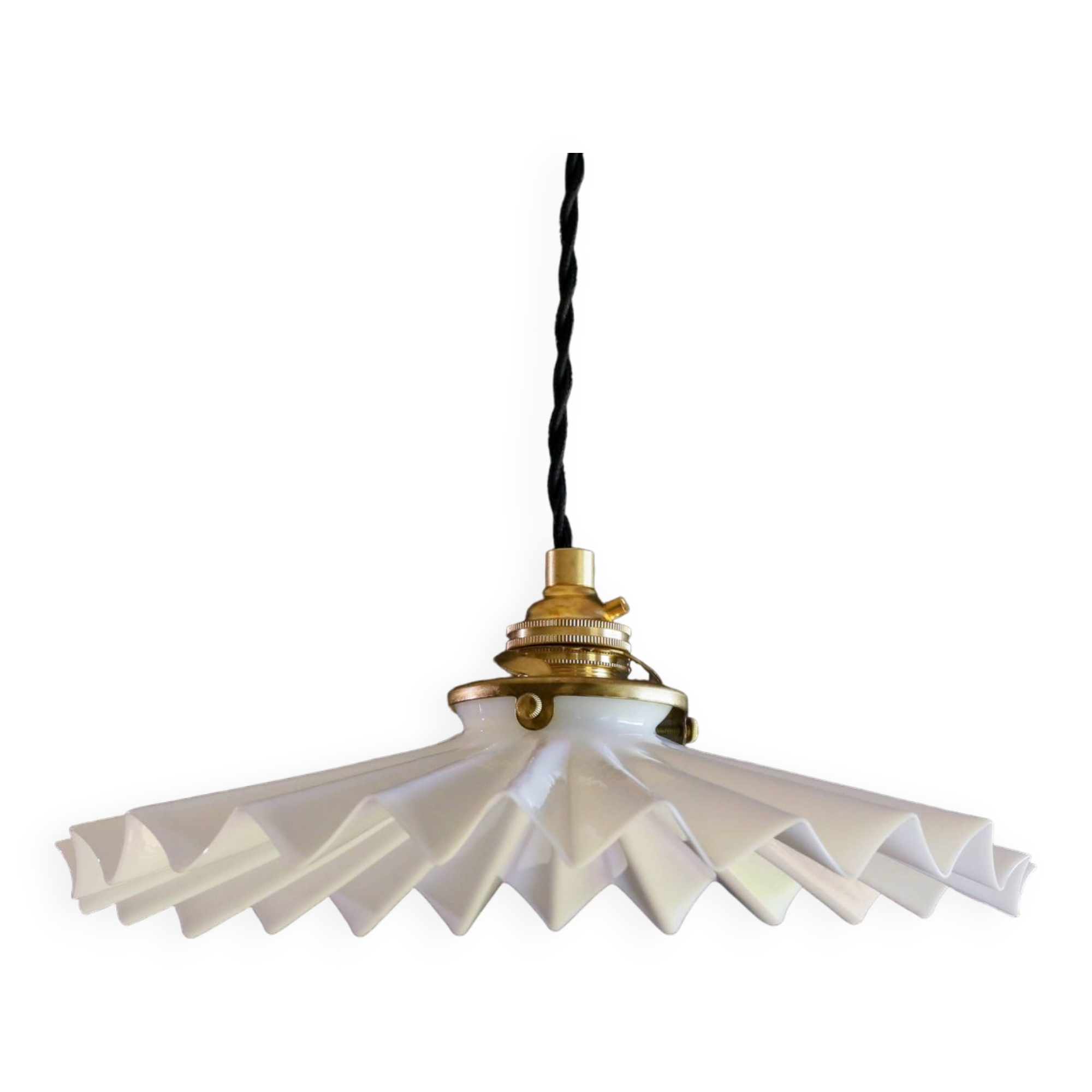Old pendant light in white pleated glass - delivered with new brass socket and new cable