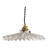 Old pendant light in white pleated glass - delivered with new brass socket and new cable