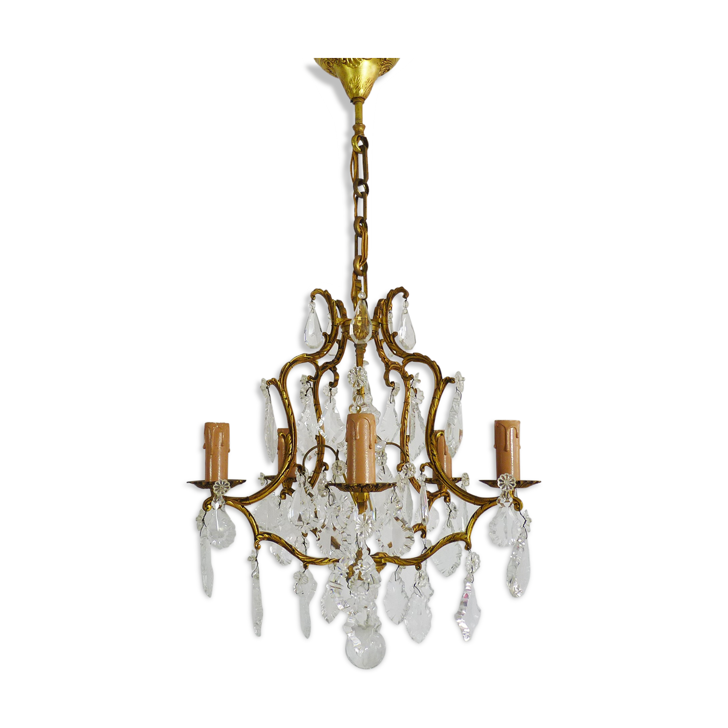 Bronze cage chandelier and glass stamps, at 5 lights. Year 50 60