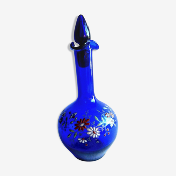 Art Nouveau carafe, cobalt blue glass enamelled with fleurettes
