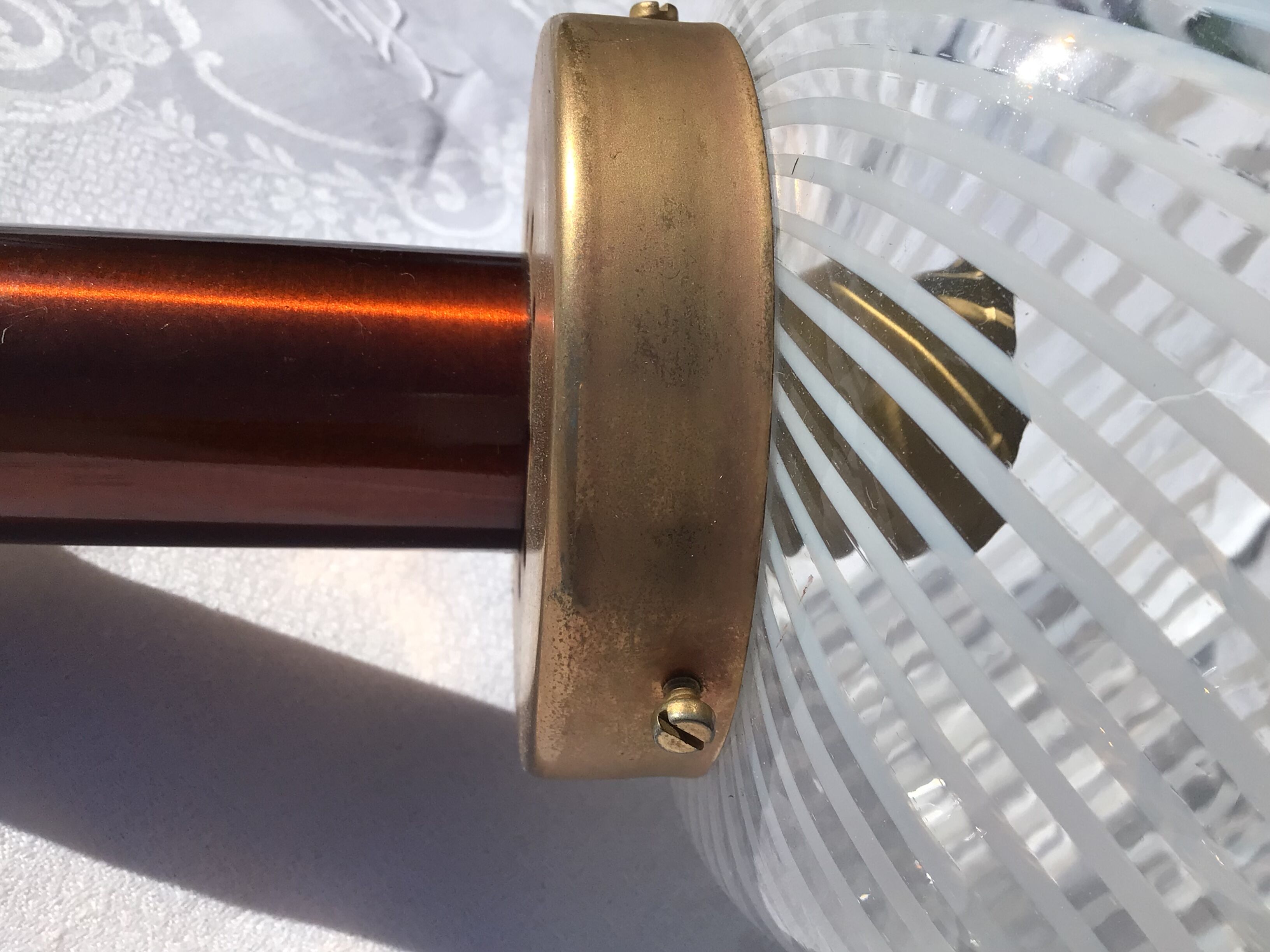 Copper suspension with white striped blown glass