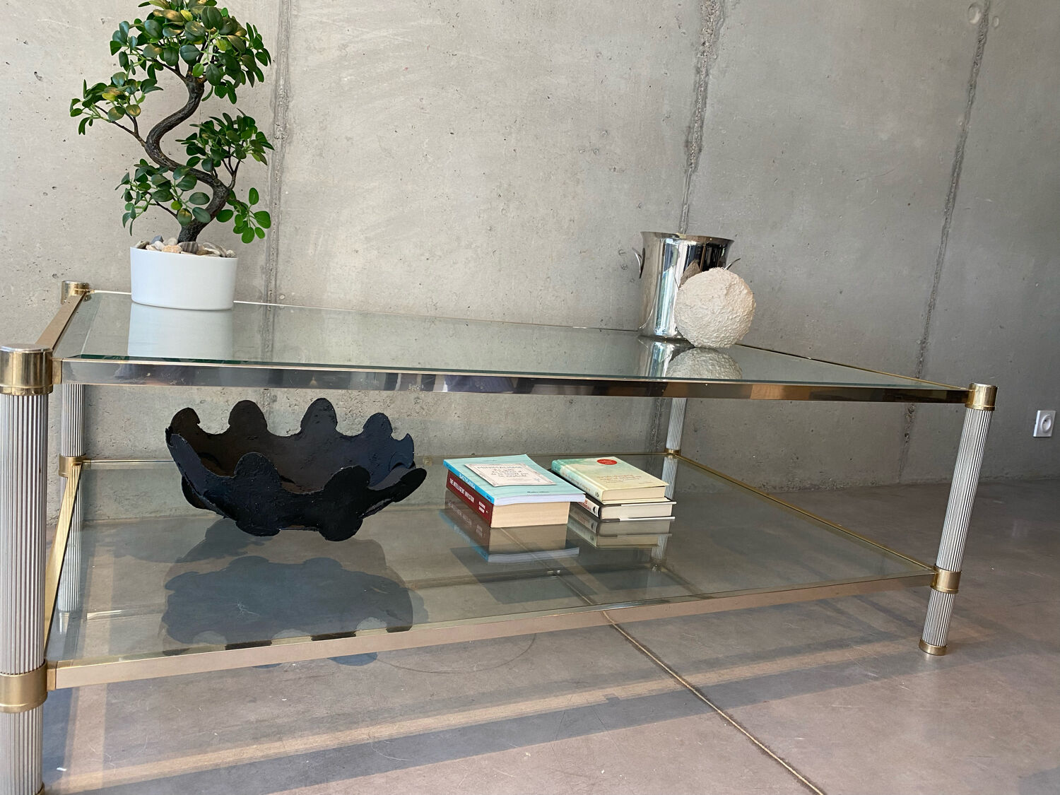 Table basse double plateau laiton et verre