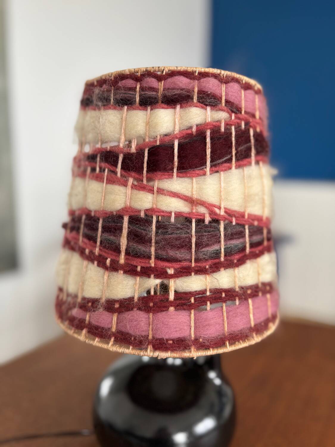 Vintage black ceramic lamp with hand-woven wool shade