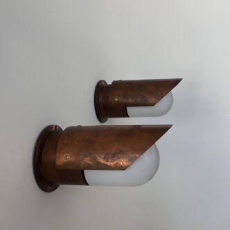 Pair of vintage wall lights, copper and opaline, Germany 1970.