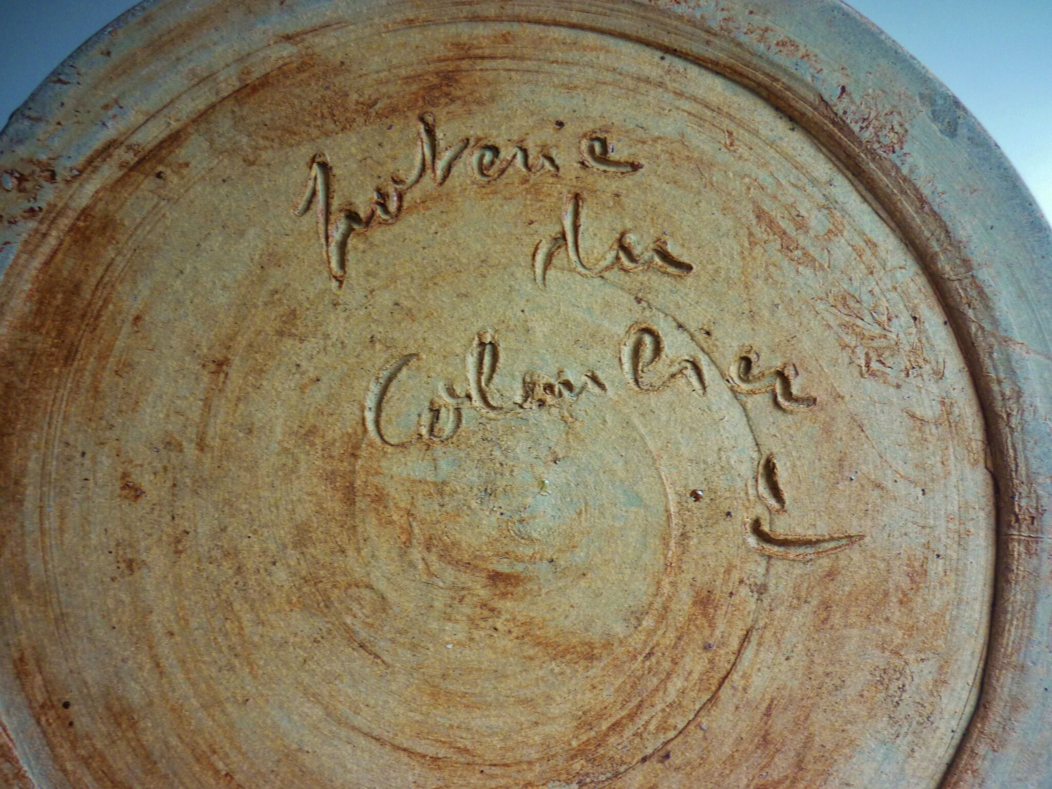 Ceramic "tachiste" flowerpot, signed La Poterie du colombier, the dove, 1970s