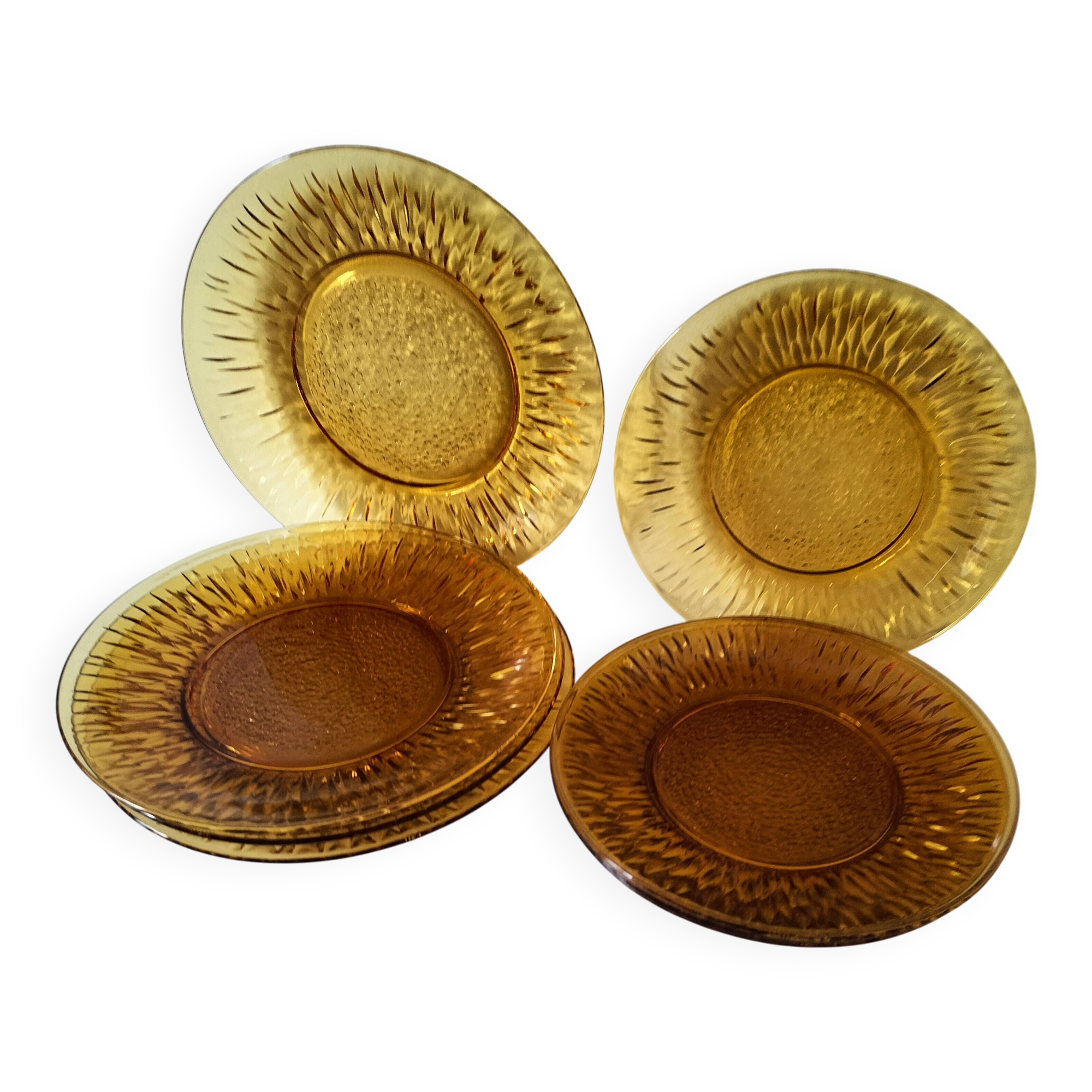 Vereco Sunflower amber plates – 8 vintage pieces (4 dinner plates, 4 dessert plates)