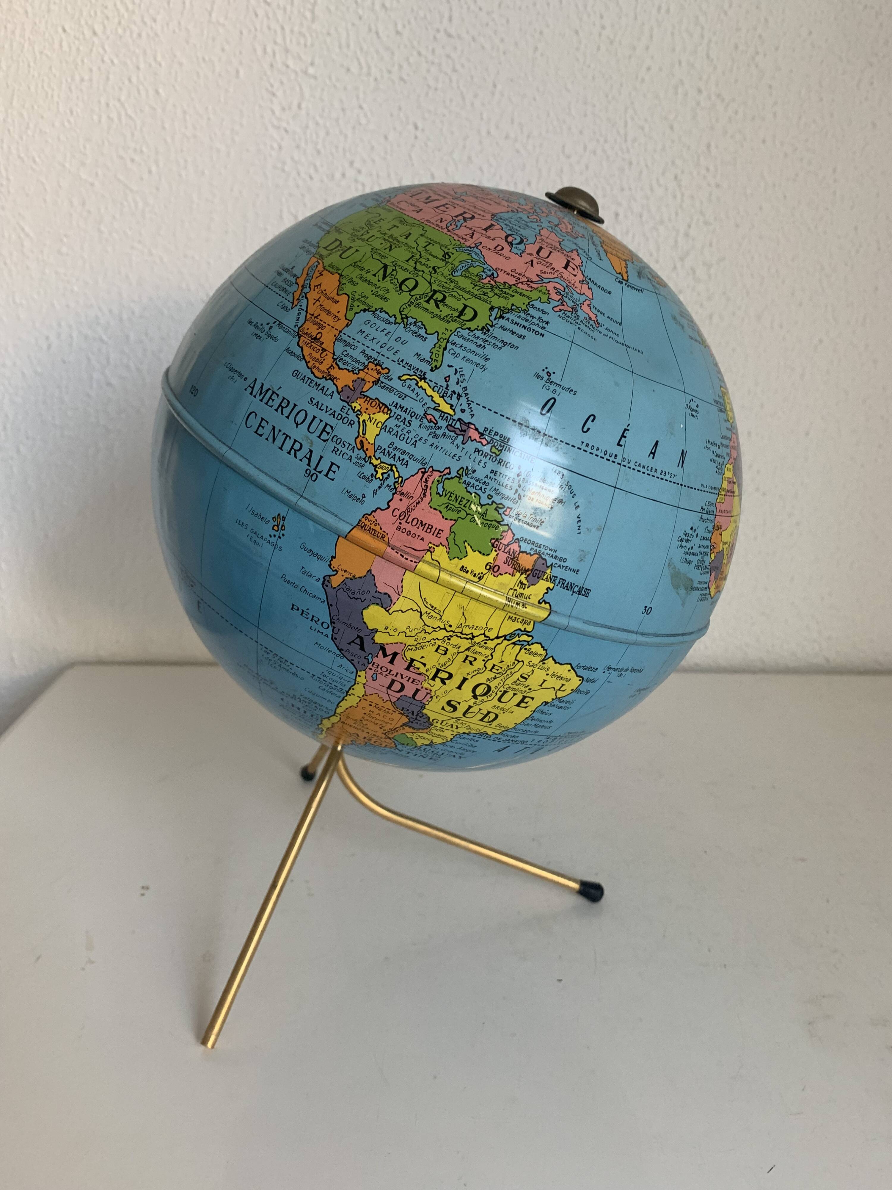 Vintage 1960s globe, Taride tripod, gold metal - 28 cm