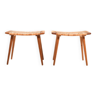 Pair of 1950s Danish Teak Oak and Cane Stools