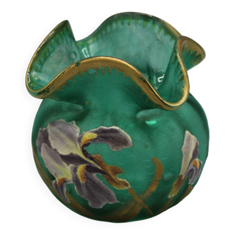 Vase boule Art Nouveau en verre givré à décor floral