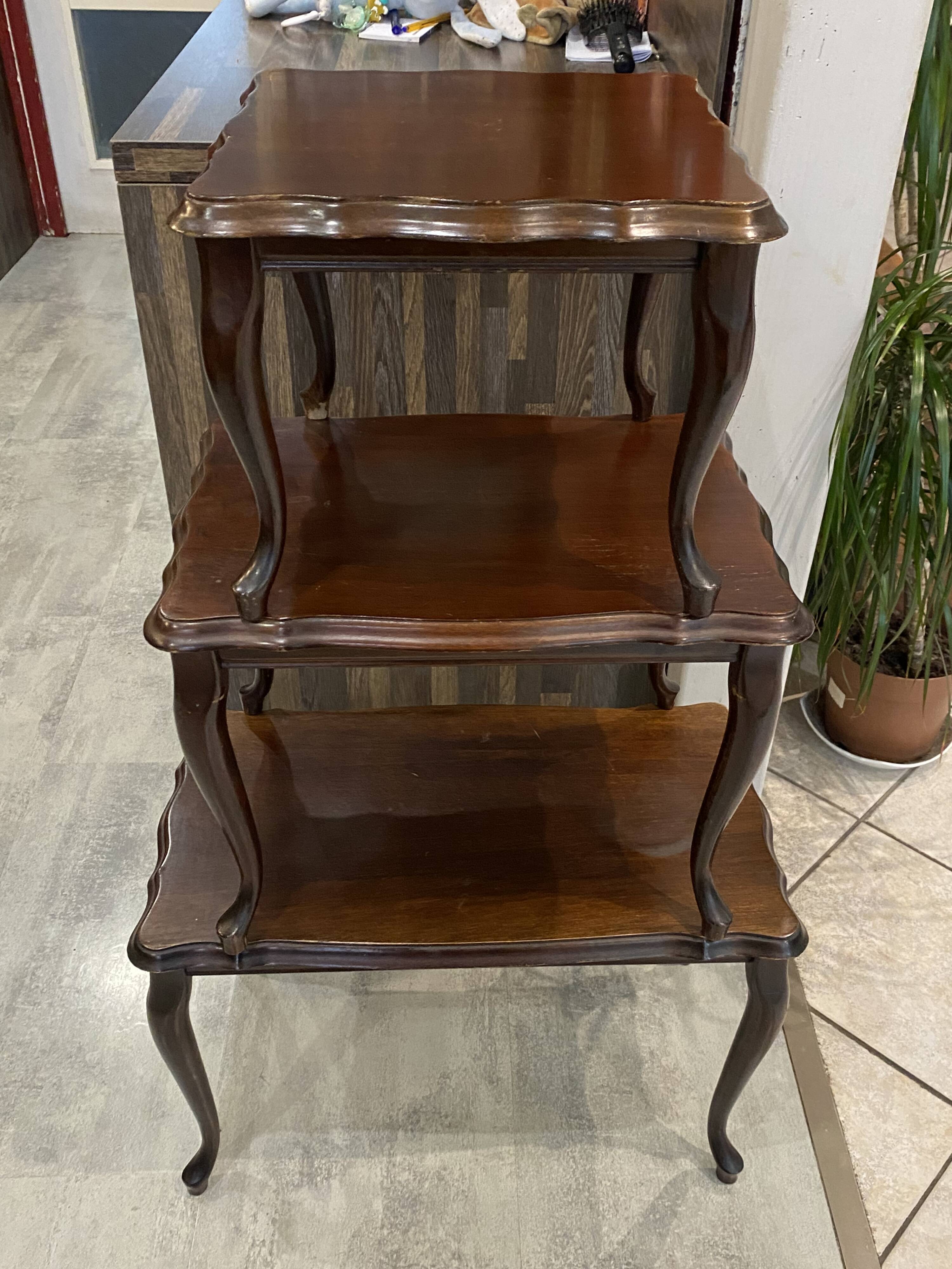Set of 3 rustic nesting coffee tables in Louis XV style from 1950.